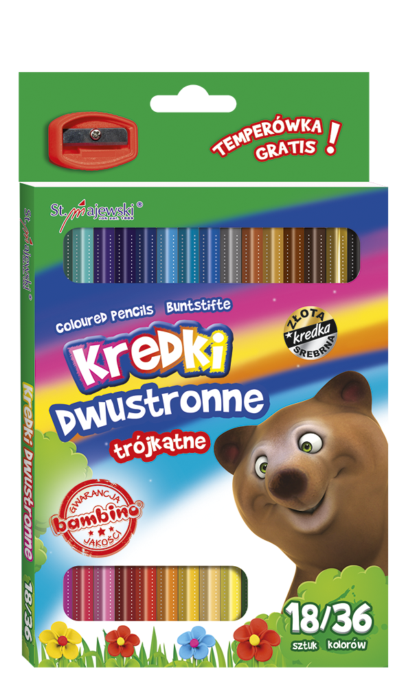 Kredki dwustronne trójkątne 18/36 kolorów + temperówka